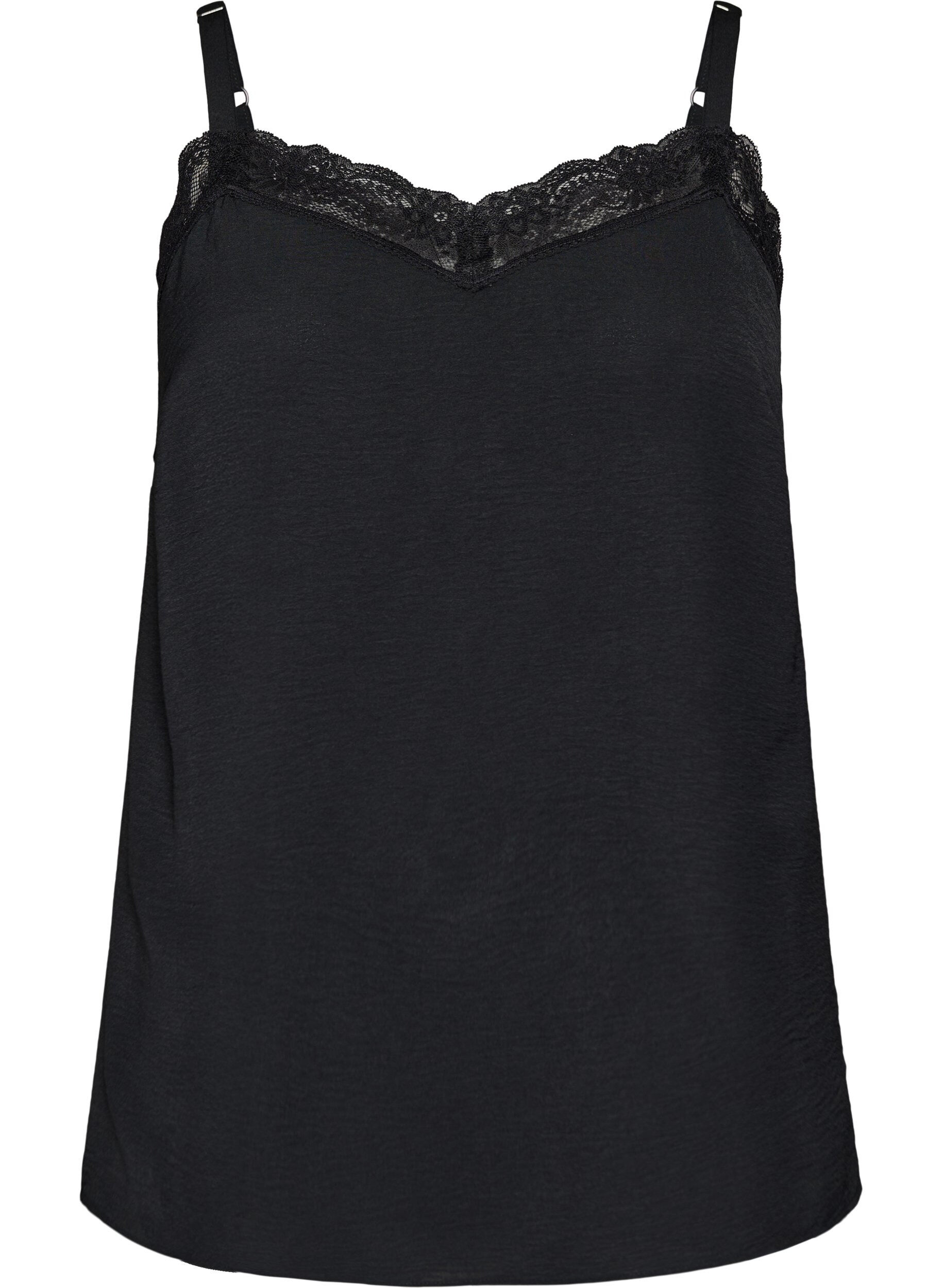 Zizzifashion Cami top with a V-neck and lace trim, Black, Packshot image number 0