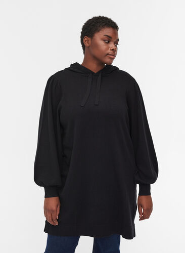 Hooded knitted dress with balloon sleeves, Black, Model image number 0