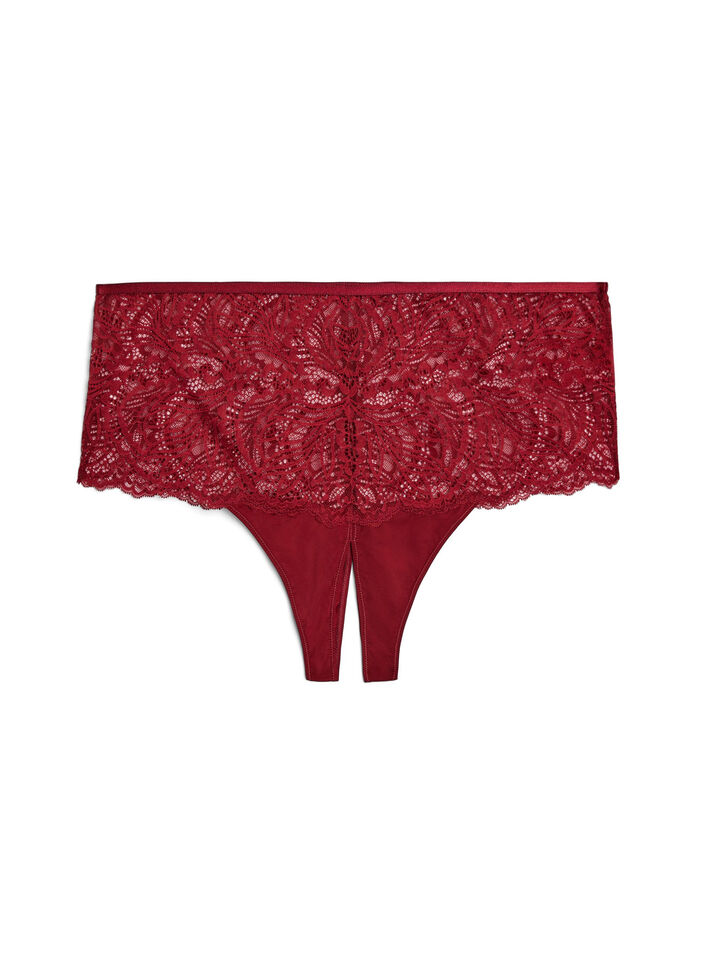 Crotchless hipster thong with lace and high waist, Red, Packshot image number 0