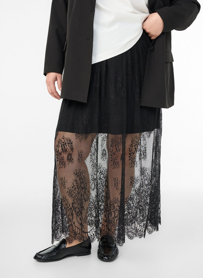 Long lace skirt with elastic waist, Black, Model image number 3