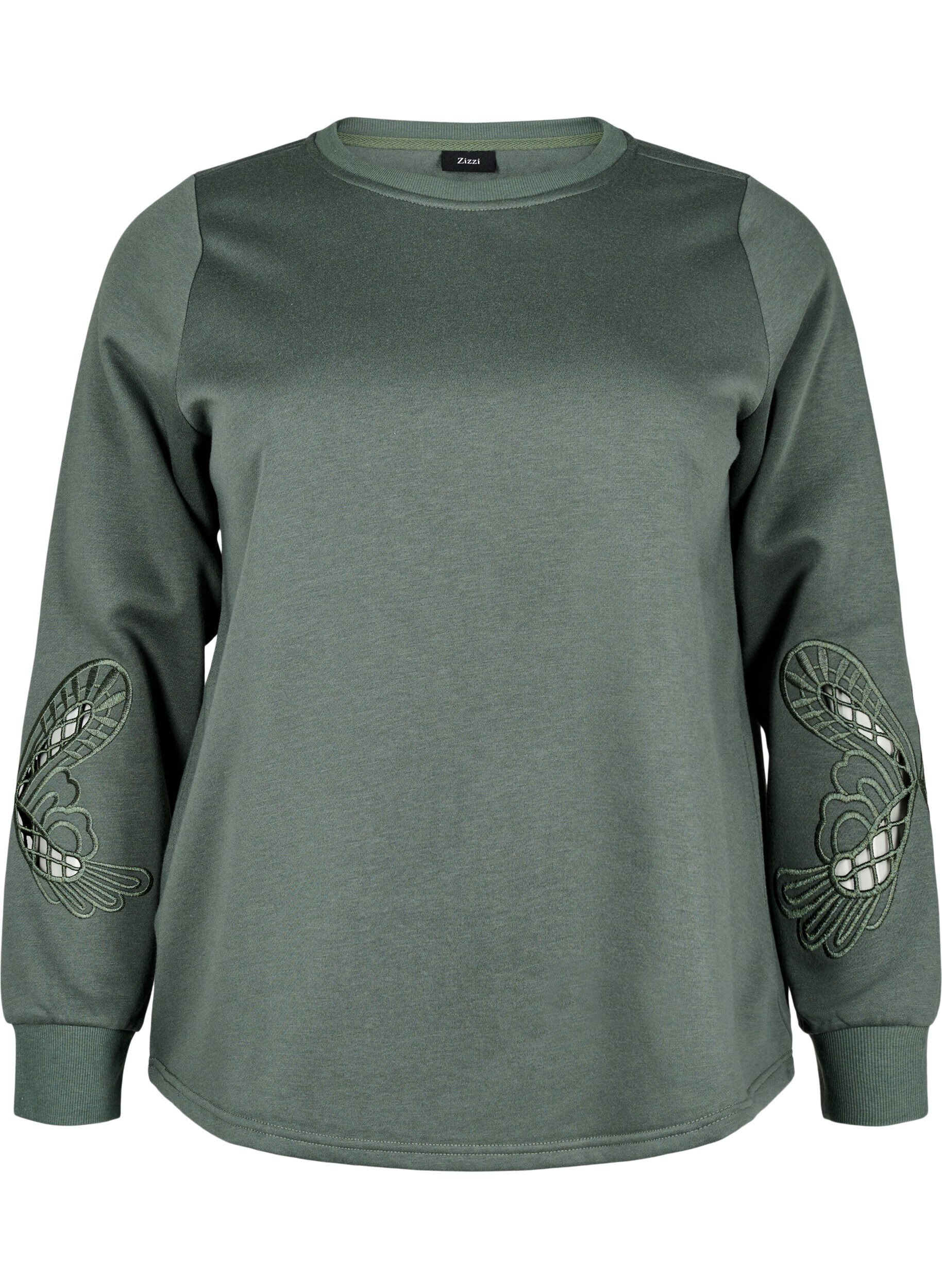 Zizzifashion Sweatshirt with embroidered cut-outs, Thyme, Packshot image number 0