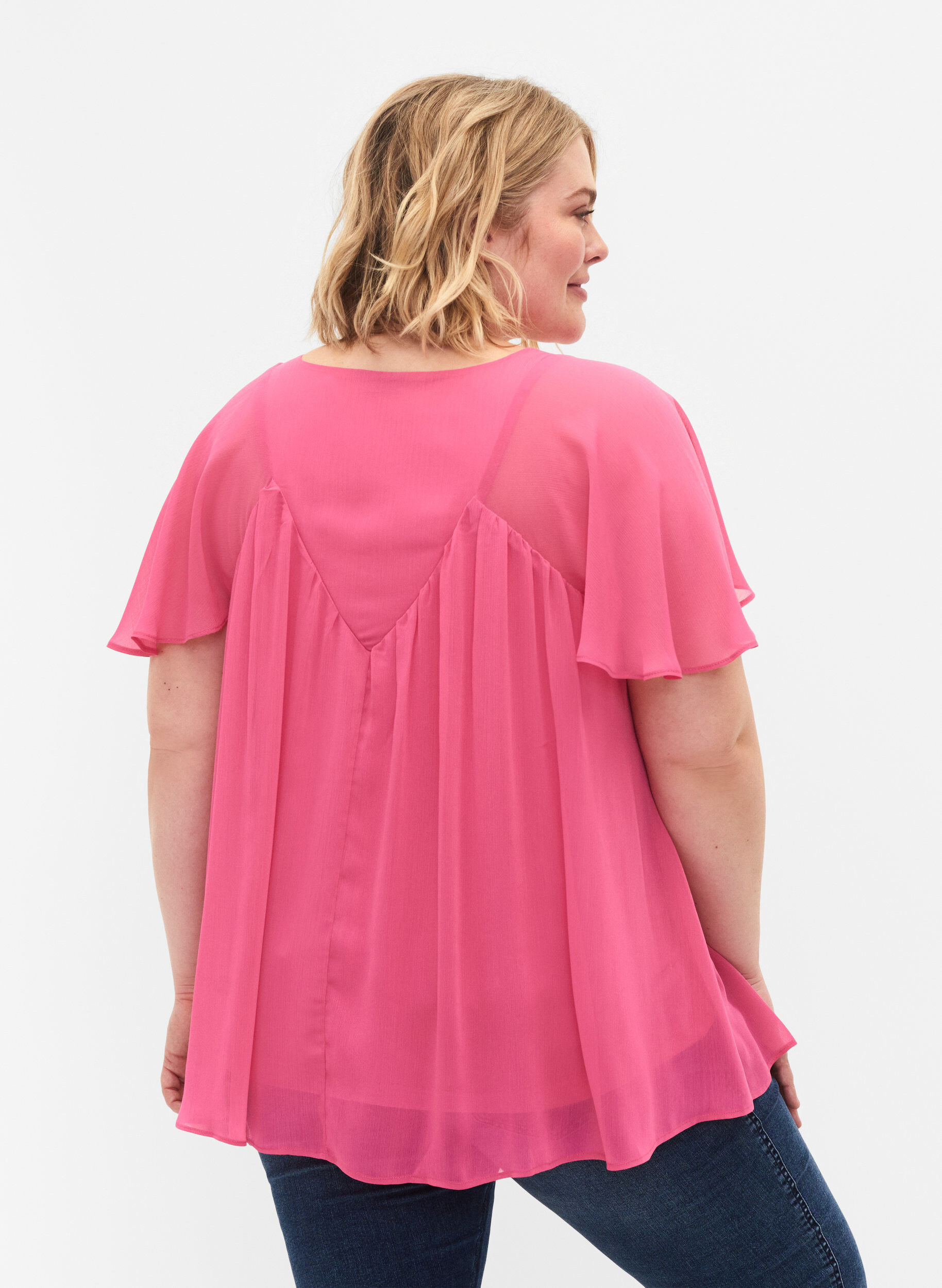 Zizzifashion  Plain top with batwing sleeves and V-neck, Shocking Pink, Model image number 1