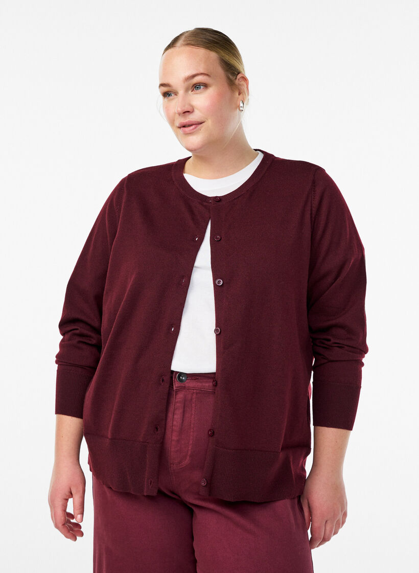 Fine-knit cardigan with round neck, Red, Model image number 0