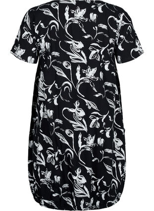 Short-sleeved cotton dress with floral print, Black W. AOP White, Packshot image number 1