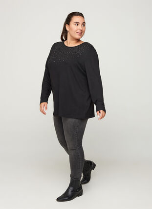 Long-sleeved blouse, Black w. Shiny Studs, Model image number 2