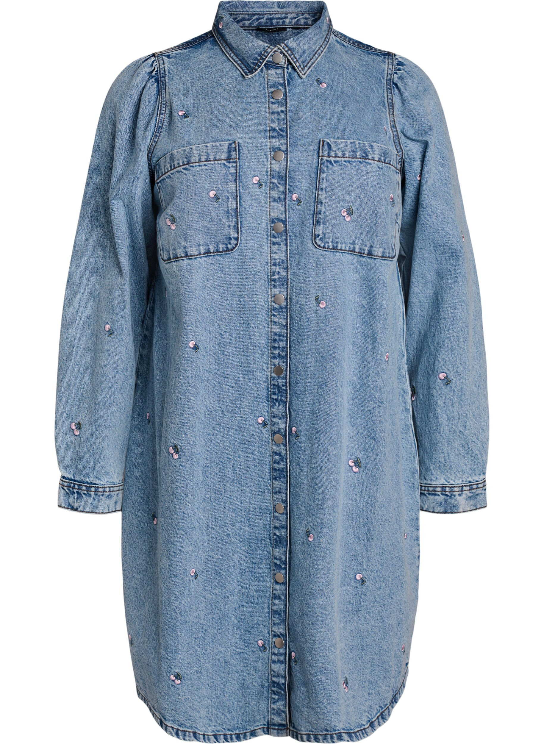 Denim dress with cherries and chest pockets