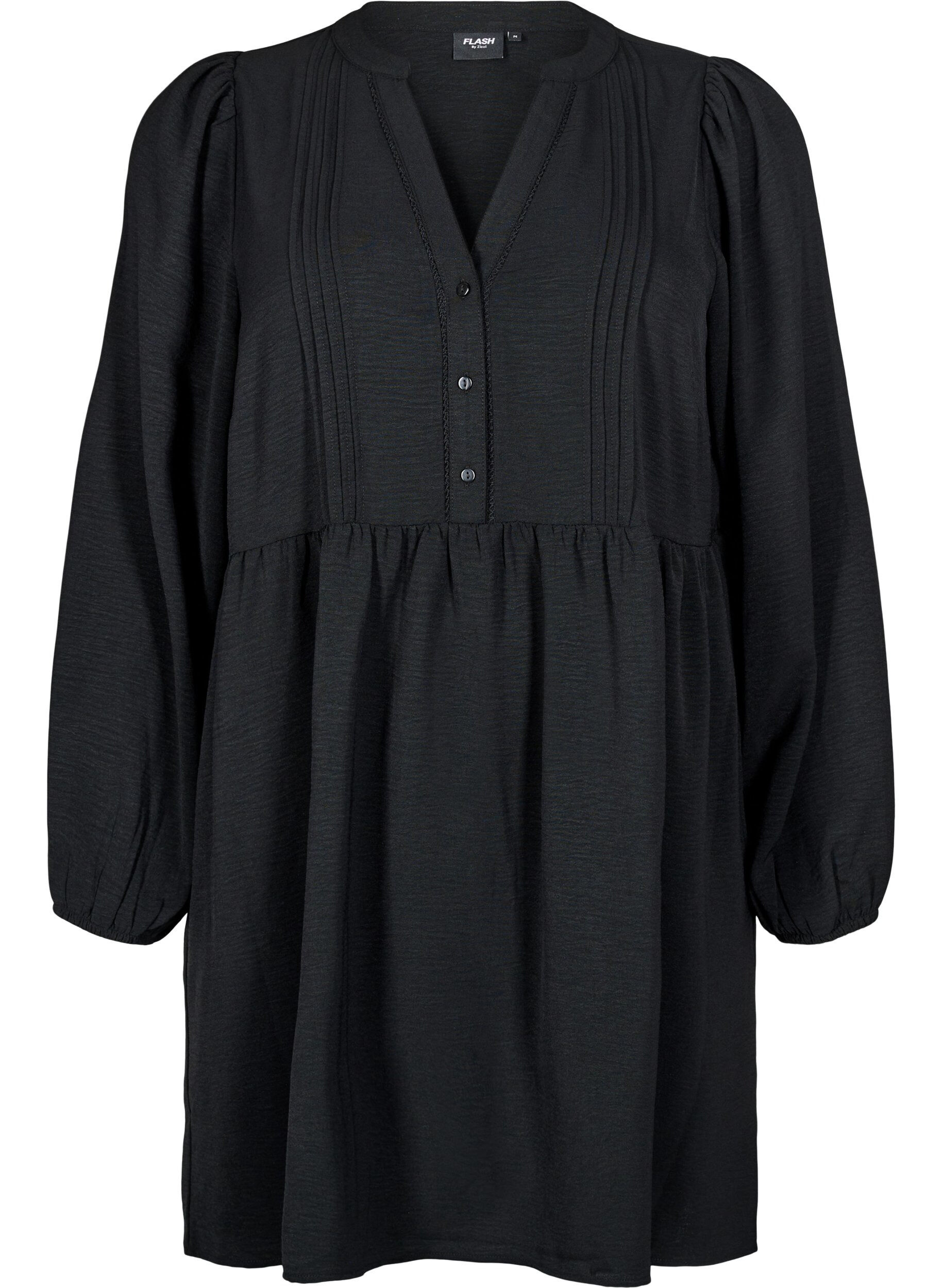 Zizzifashion FLASH - Short dress with pleats and long sleeves, Black, Packshot image number 0
