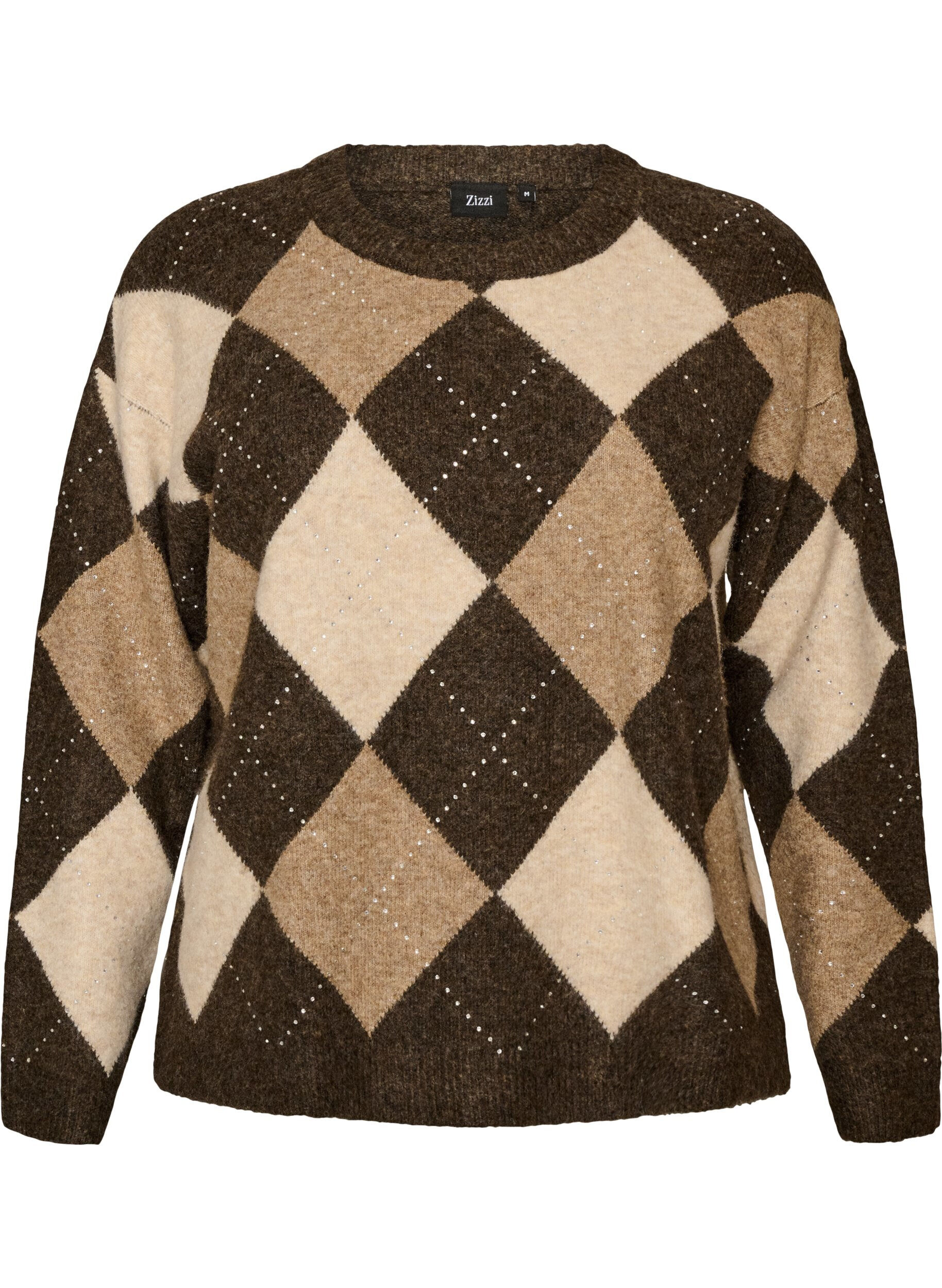ZizzifashionKnitted top with argyle pattern and rhinestones, Brown, Packshot image number 0