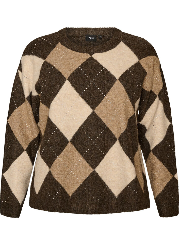Knitted top with argyle pattern and rhinestones, Brown, Packshot image number 0