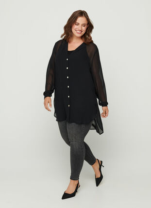 Long-sleeved tunic with buttons, Black, Model image number 2