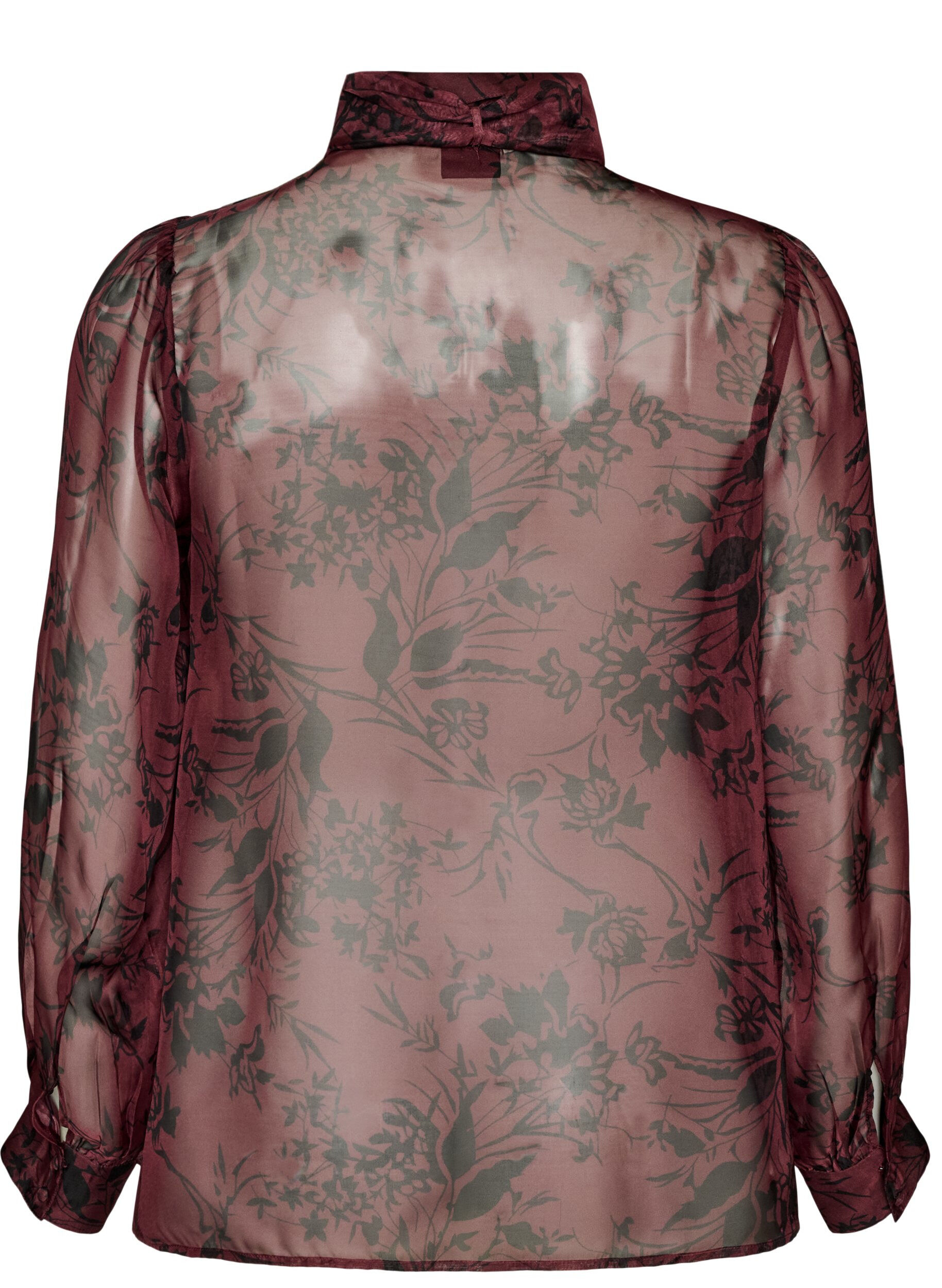 ZizzifashionSheer shirt blouse with floral pattern and tie detail, Dark Bordeaux, Packshot image number 1