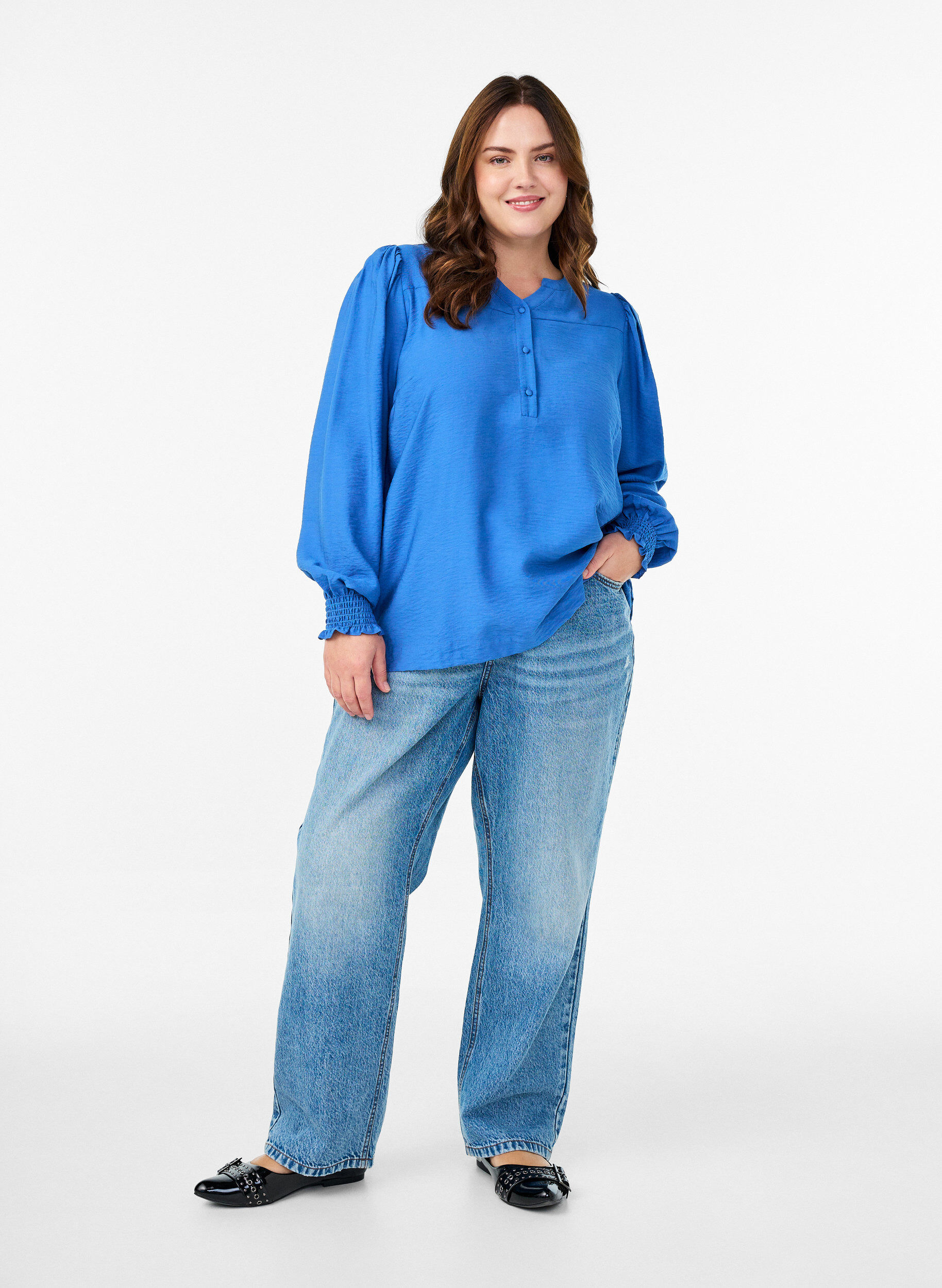 ZizzifashionViscose blouse with smock and gathered details, Blue, Model image number 1