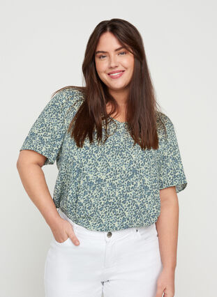 Short-sleeved viscose blouse with print, Light Green Leaf, Model image number 0