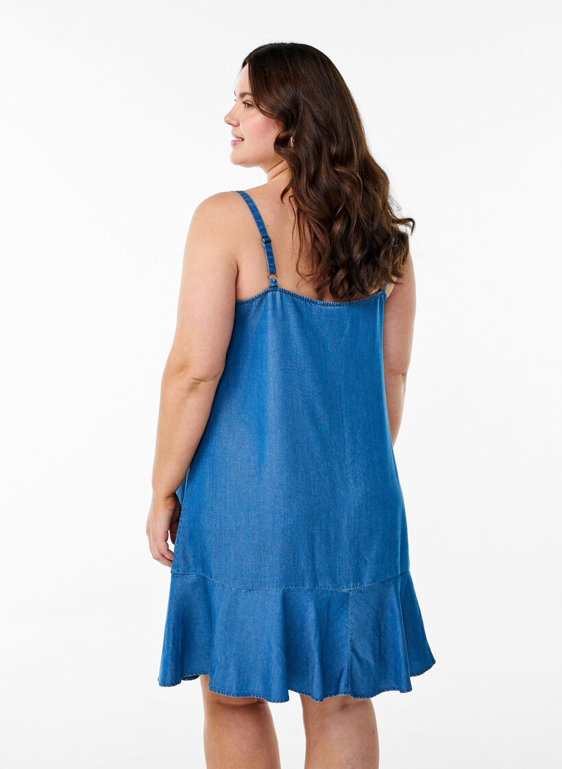 Midi denim dress with spaghetti straps, Blue, Model image number 2