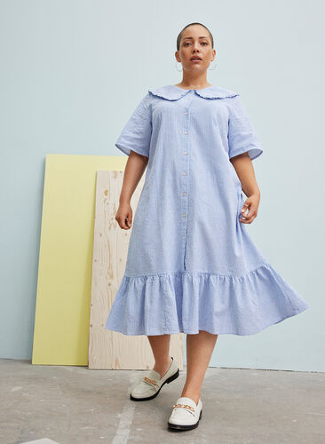 Short-sleeved cotton dress with stripes, Blue Stripe, Image image number 0