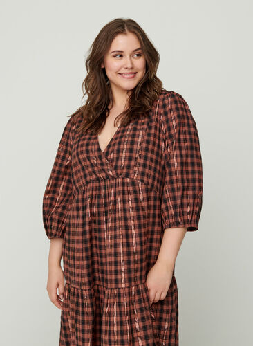 Checked cotton dress with a V-neck, Cocoa brown CHECK , Model image number 0