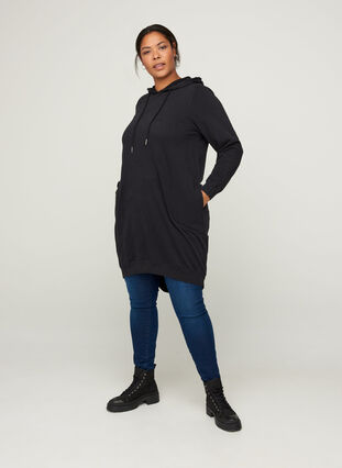Cotton sweat dress with a hood, Black Solid, Model image number 2