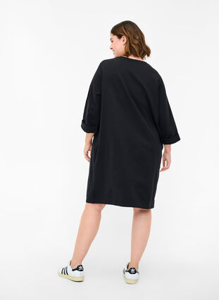 Cotton sweat dress with 3/4 sleeves and pockets, Black, Model image number 1