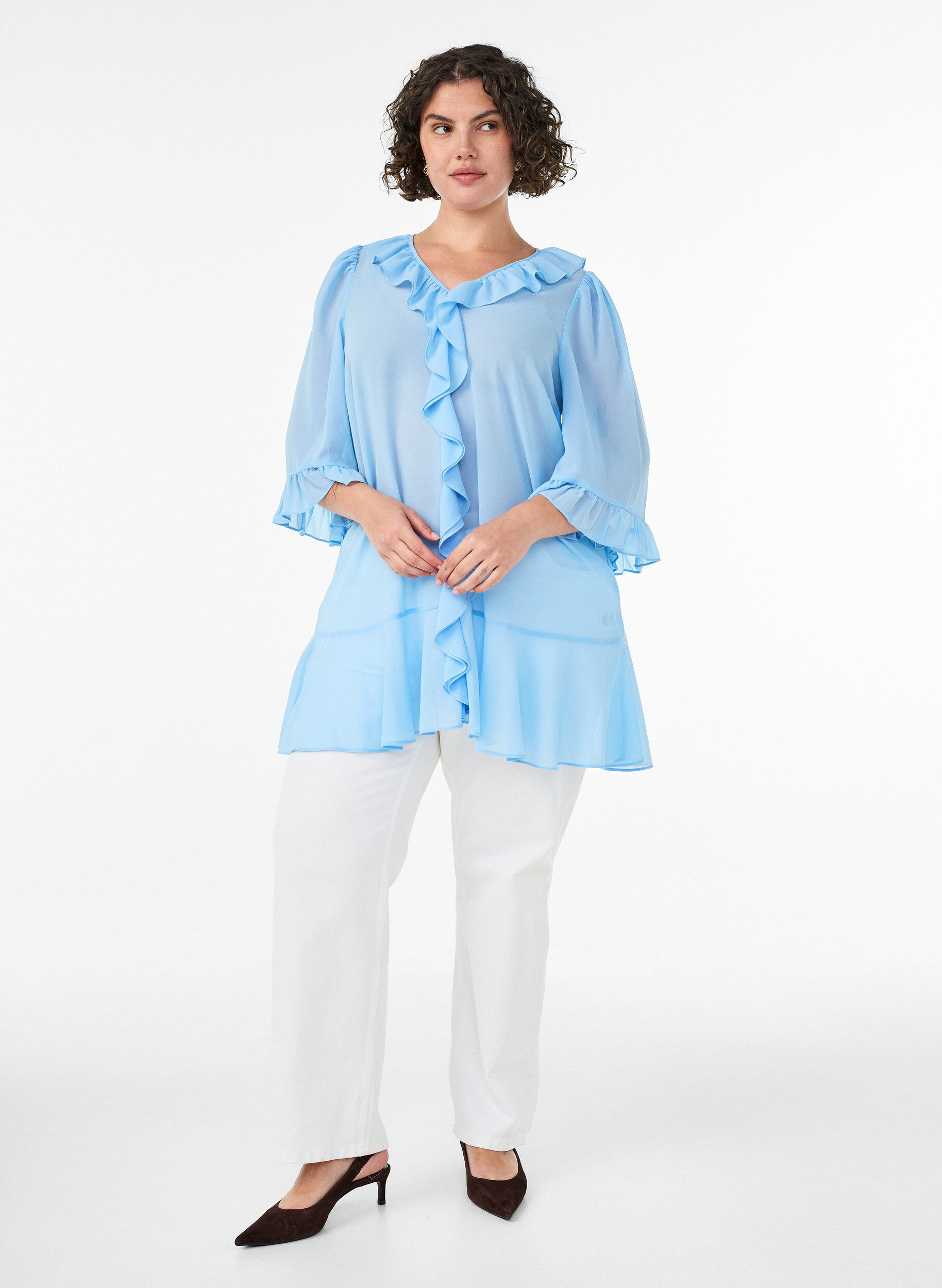 Zizzifashion Tunic with ruffles and 3/4 sleeves, Light Blue, Model image number 1