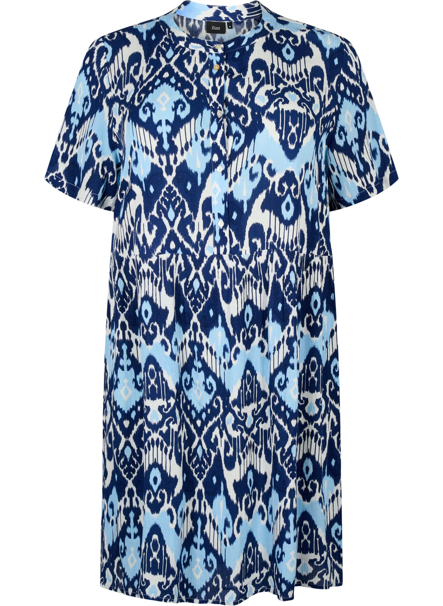 Zizzifashion Short-sleeved viscose dress with print, Blue Ethnic AOP, Packshot image number 0