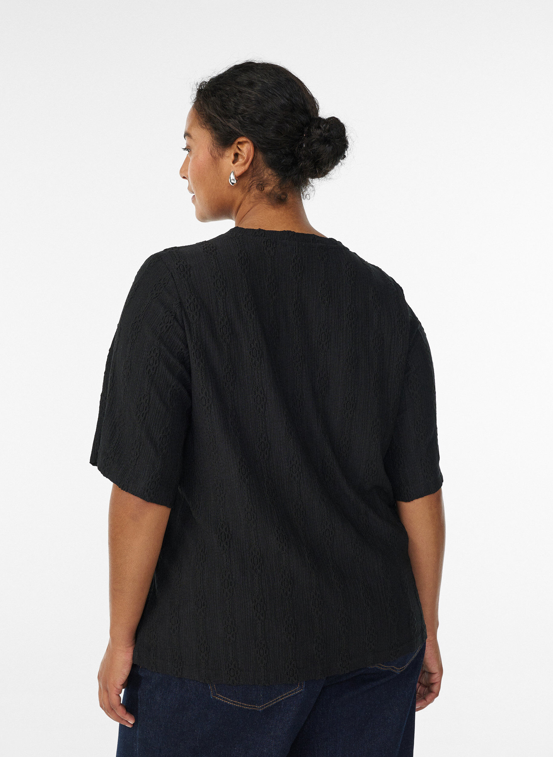 Zizzifashion Blouse with textured pattern and short sleeves, Black, Model image number 2