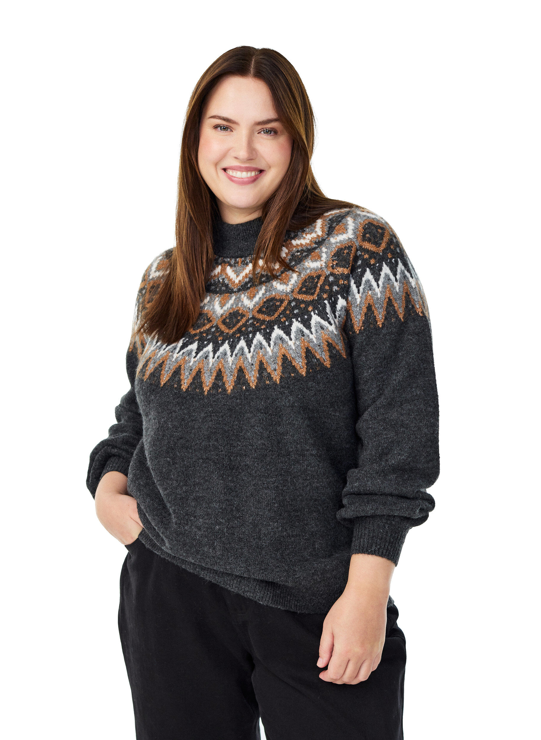 Knit blouse with pattern and high neck, Dark Grey, Model