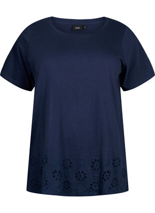 T-shirt in cotton with embroidery anglaise, Navy Blazer, Packshot image number 0