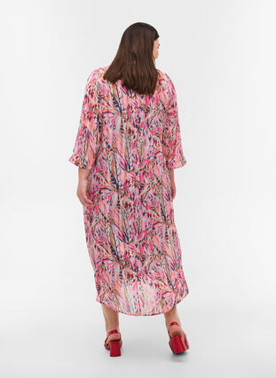 Printed midi dress with v-neck and 3/4 sleeves, Pink Feather, Model image number 1