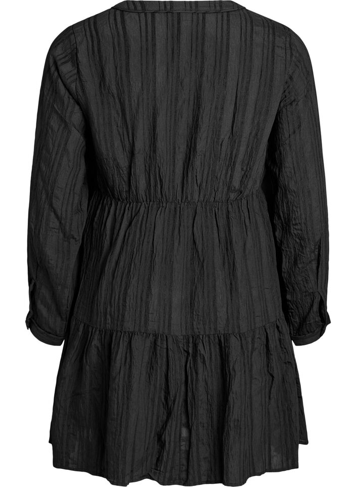 Short dress with woven stripe texture and elastic waist, Black, Packshot image number 1