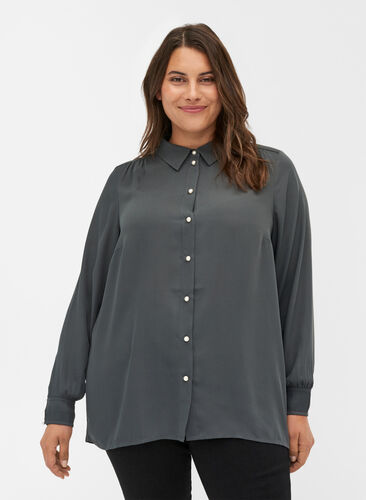 Shirt with plissé and pearl buttons, Asphalt, Model image number 0