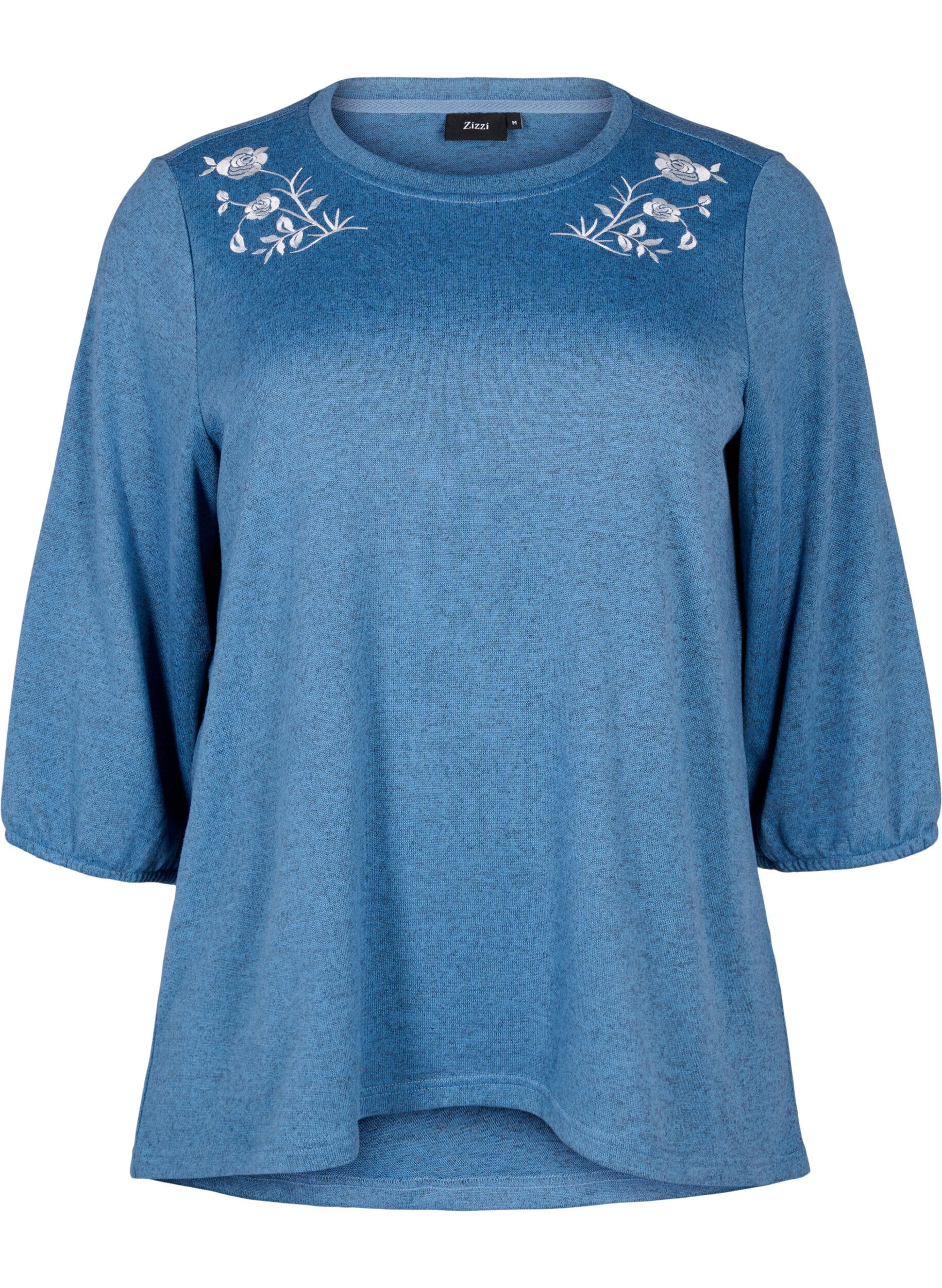 Zizzifashion Blouse with floral embroidery and 3/4 sleeves, Copen Blue Melange, Packshot image number 0