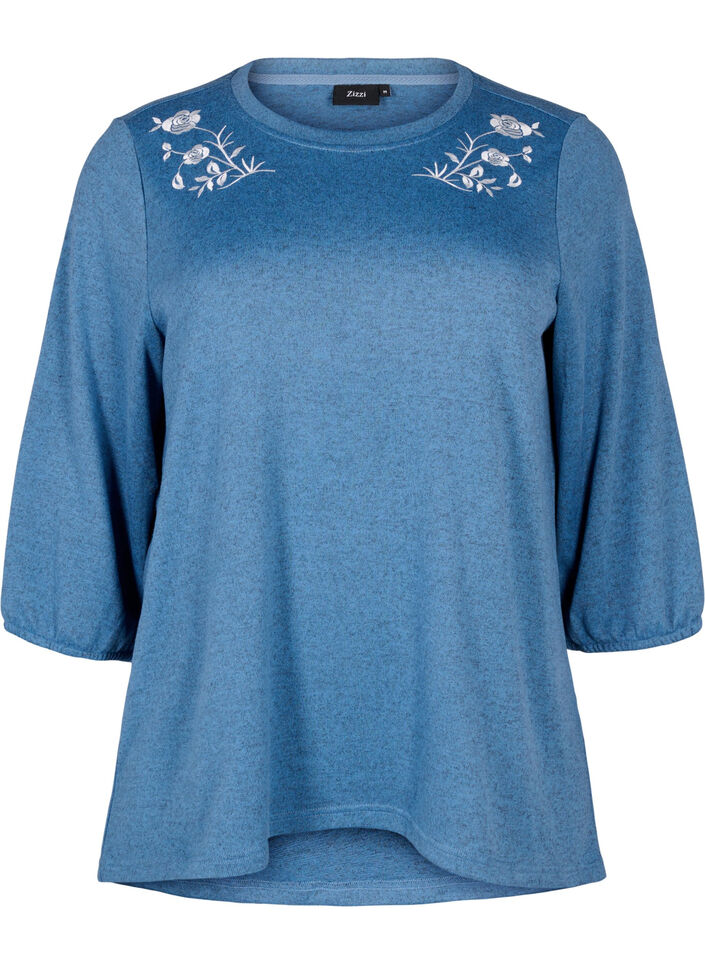 Blouse with floral embroidery and 3/4 sleeves, Copen Blue Melange, Packshot image number 0