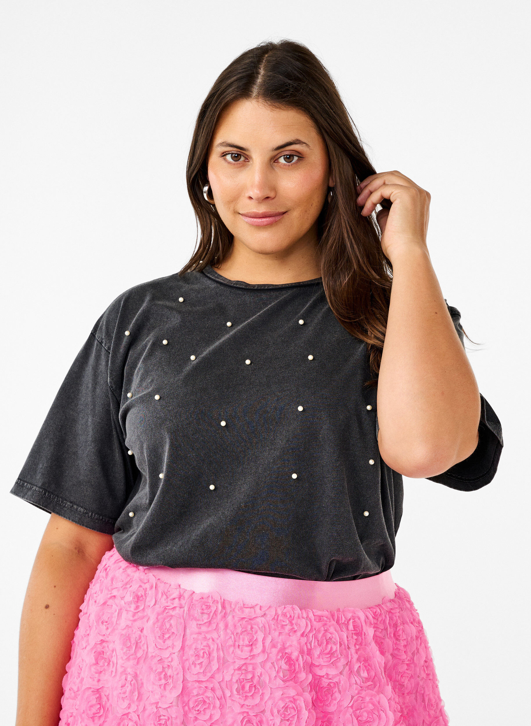 Zizzifashion T-shirt with pearls, Grey washed, Model image number 0