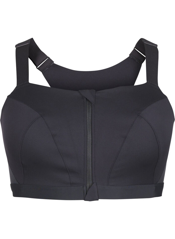 Sports bra with front closure and high support, Black, Packshot image number 0