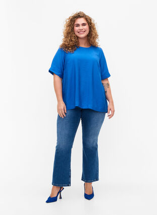 Blouse with half-length sleeves in viscose, Olympian Blue, Model image number 2