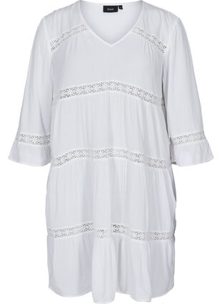 Viscose A-line dress with lace trim, White, Packshot image number 0