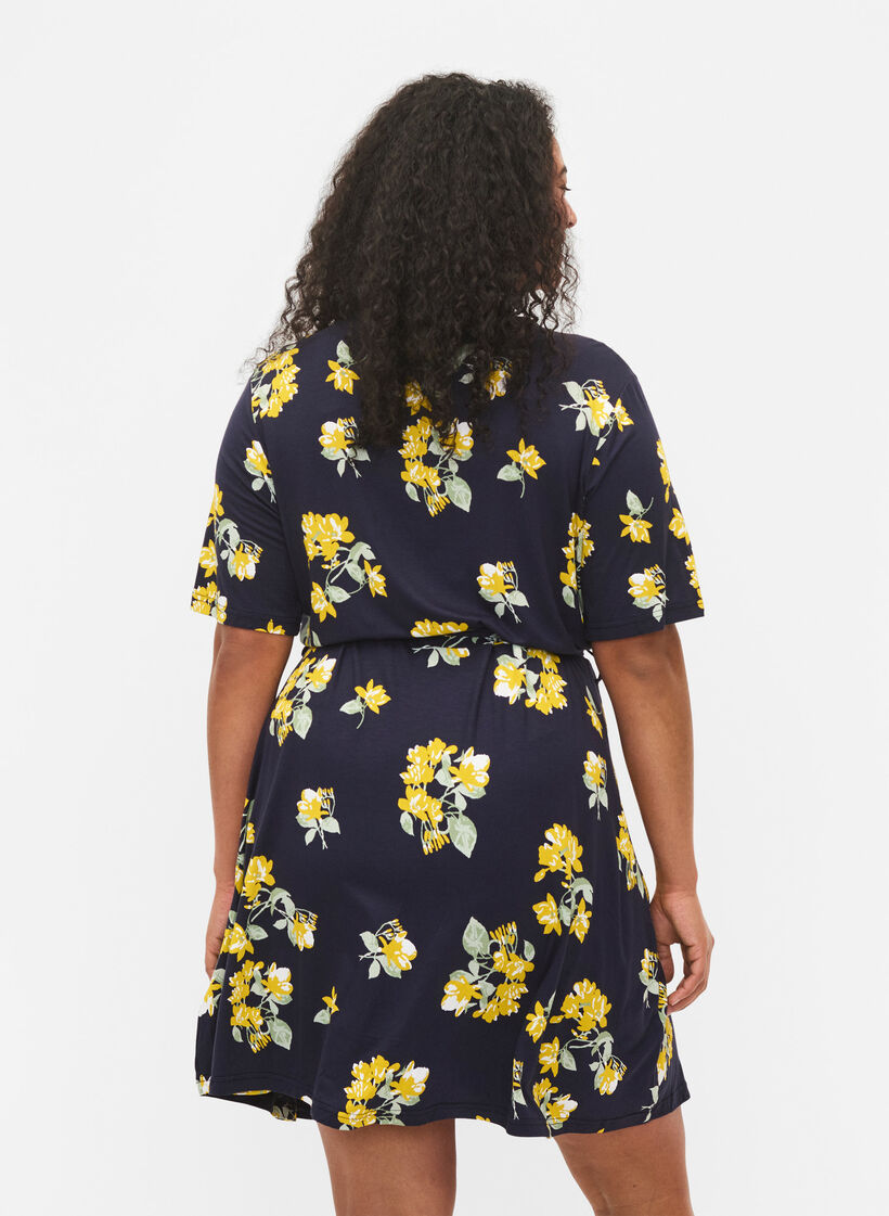 Wrap dress in viscose with short sleeves, Night Sky AOP Flower, Model image number 1