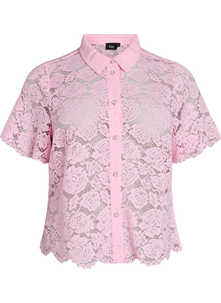 Lace shirt blouse with pearl buttons, Rose, Packshot image number 0