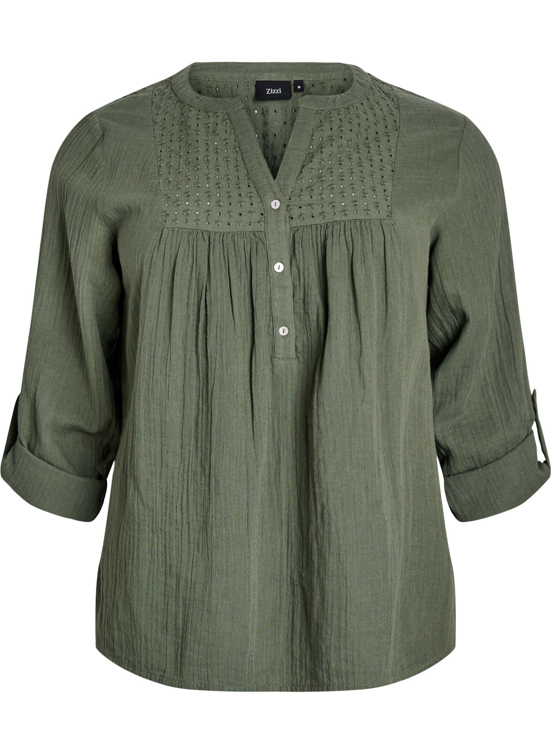 ZizzifashionBlouse in cotton muslin with broderie anglaise, Green, Packshot image number 0