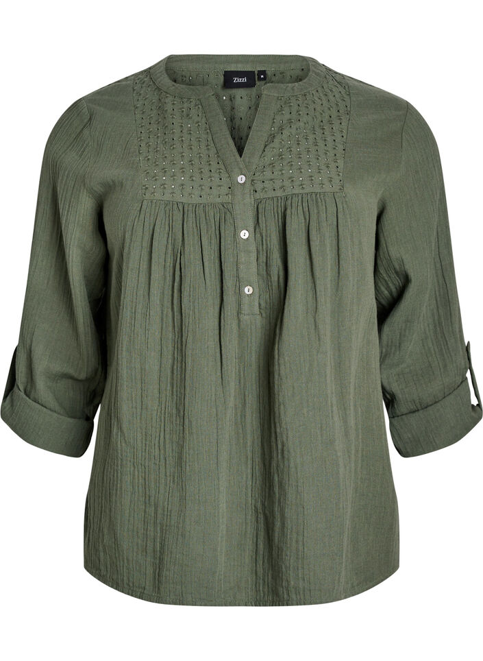 Blouse in cotton muslin with broderie anglaise, Green, Packshot image number 0