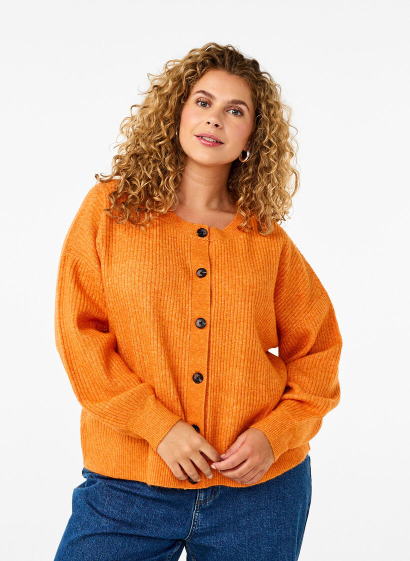 Rib knit cardigan with buttons, Orange, Model image number 0
