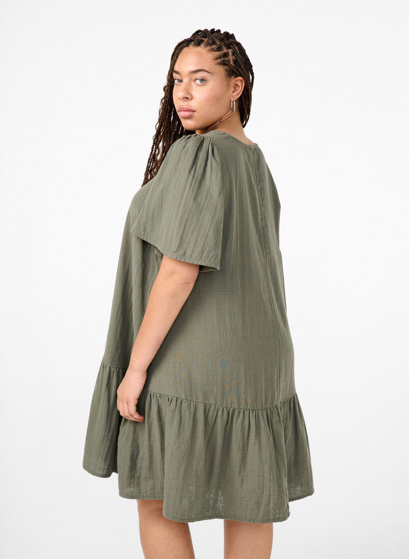 Cotton short-sleeved dress with a-line cut, Thyme, Model image number 1