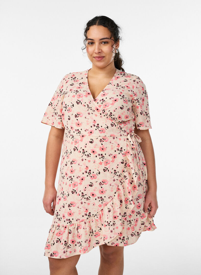 Floral wrap dress with short sleeves, Red, Model image number 0