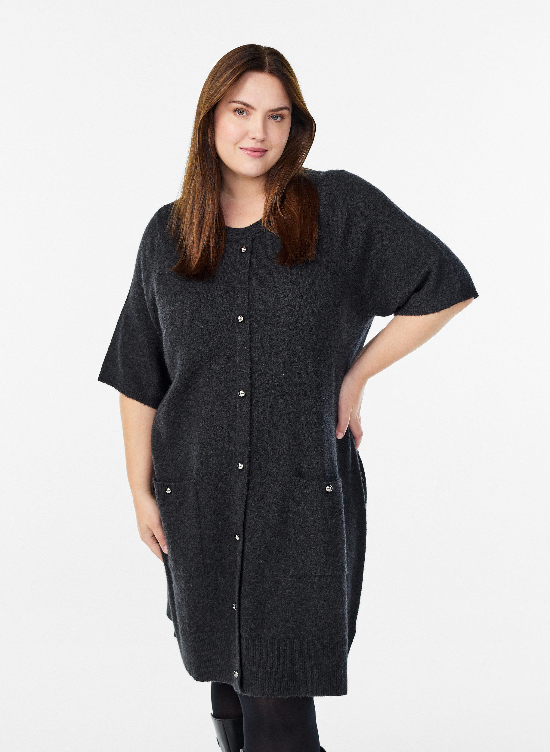 Short knitted dress with short sleeves and ball buttons, Dark Grey, Model