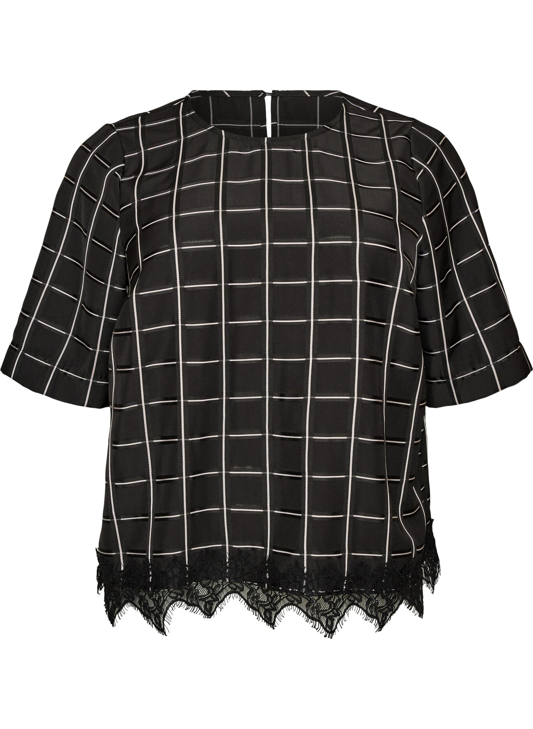 Checked blouse with lace trim and elbow-length sleeves