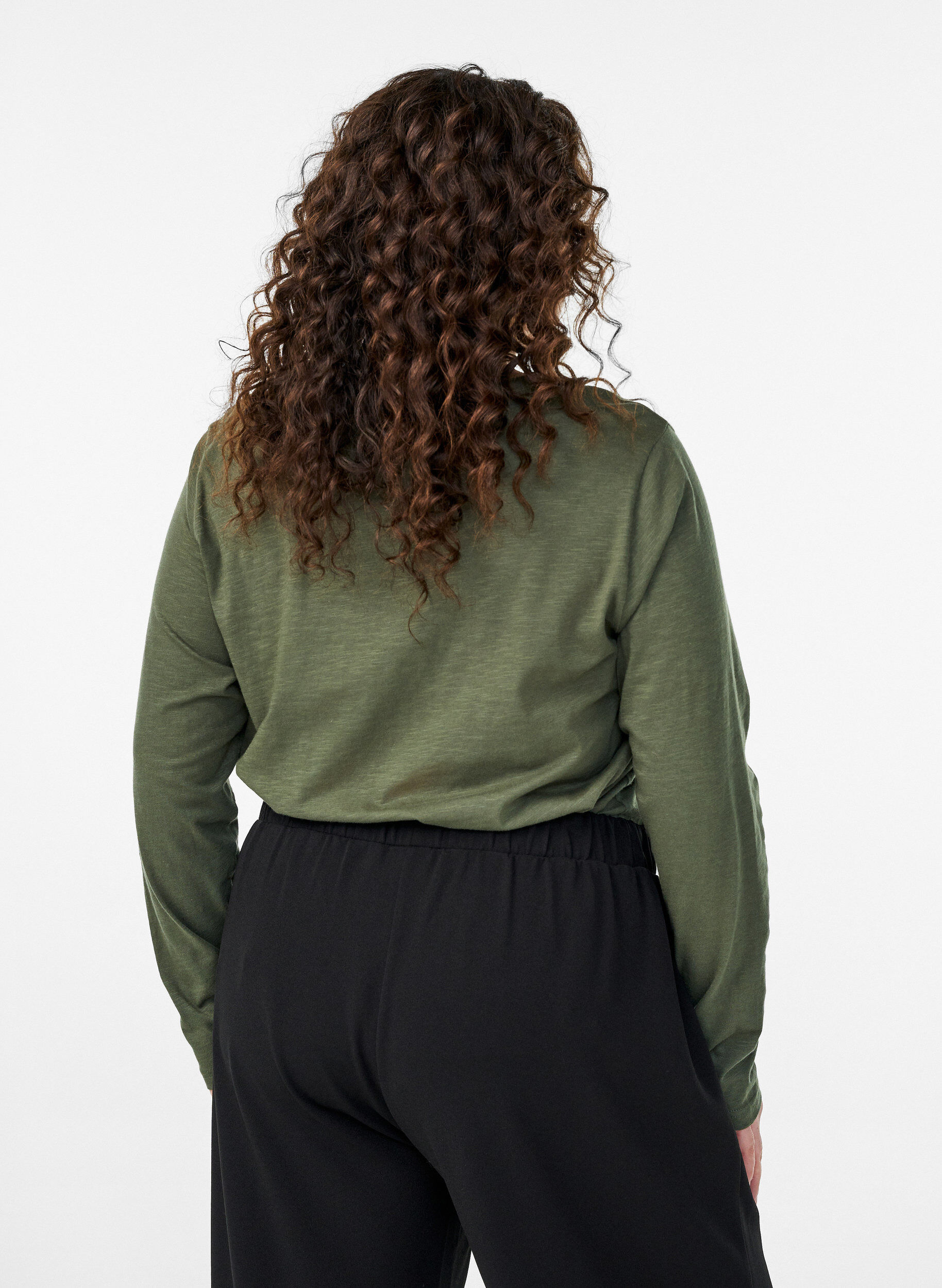 ZizzifashionLong-sleeved t-shirt with V-neck and buttons, Green, Model image number 2