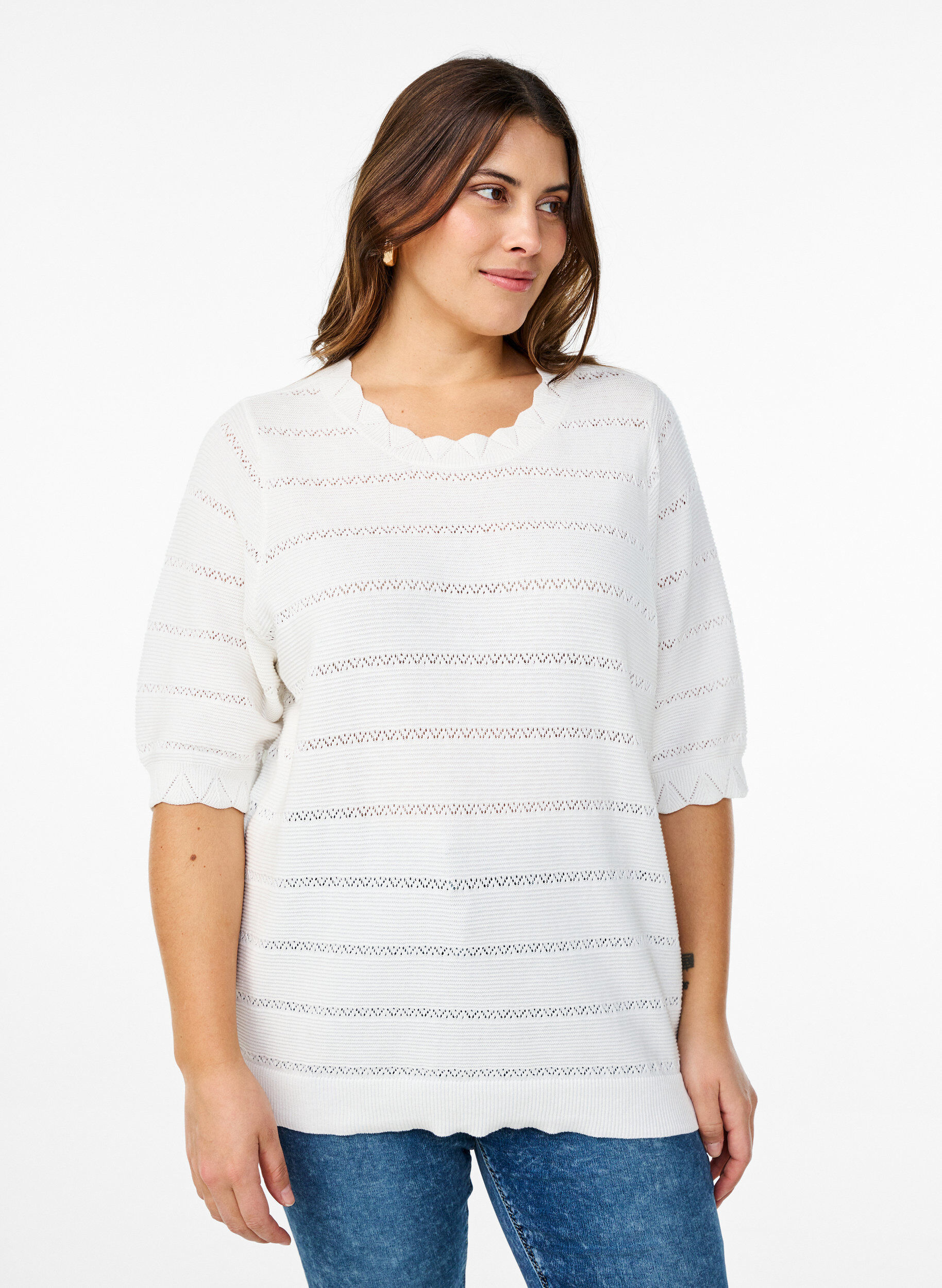 Knitted blouse with a striped openwork pattern and short sleeves, Vanilla, Model