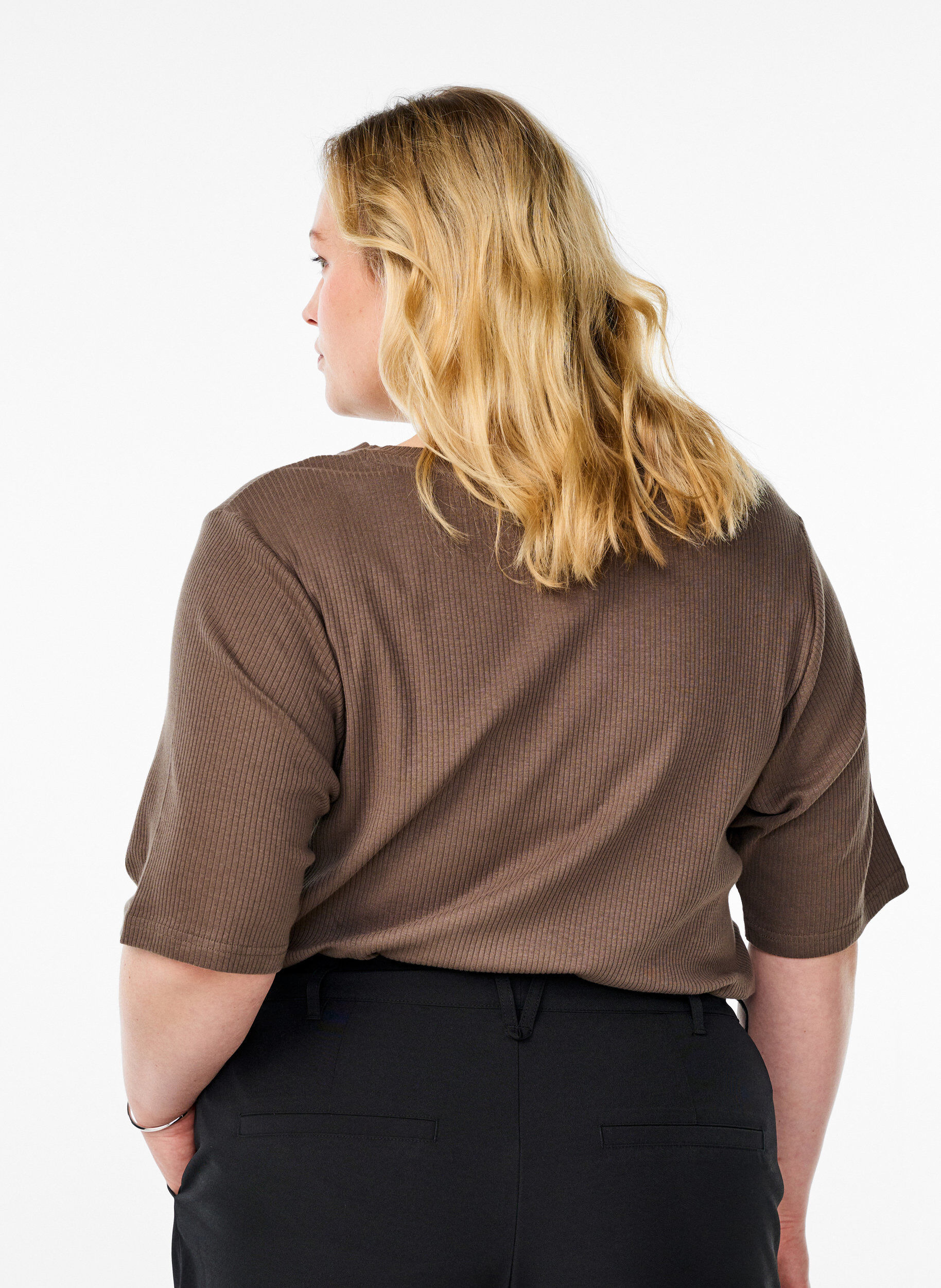 Zizzifashion Ribbed jersey blouse with short sleeves, Brown, Model image number 2
