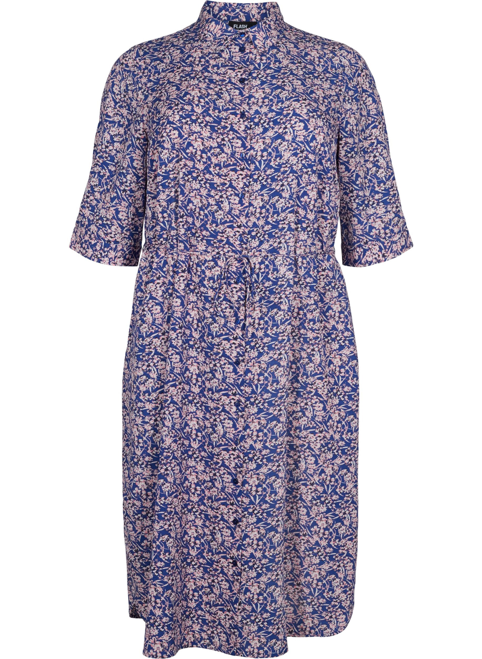 Zizzifashion FLASH - Shirt dress with floral print, Strong Blue Flower, Packshot image number 0