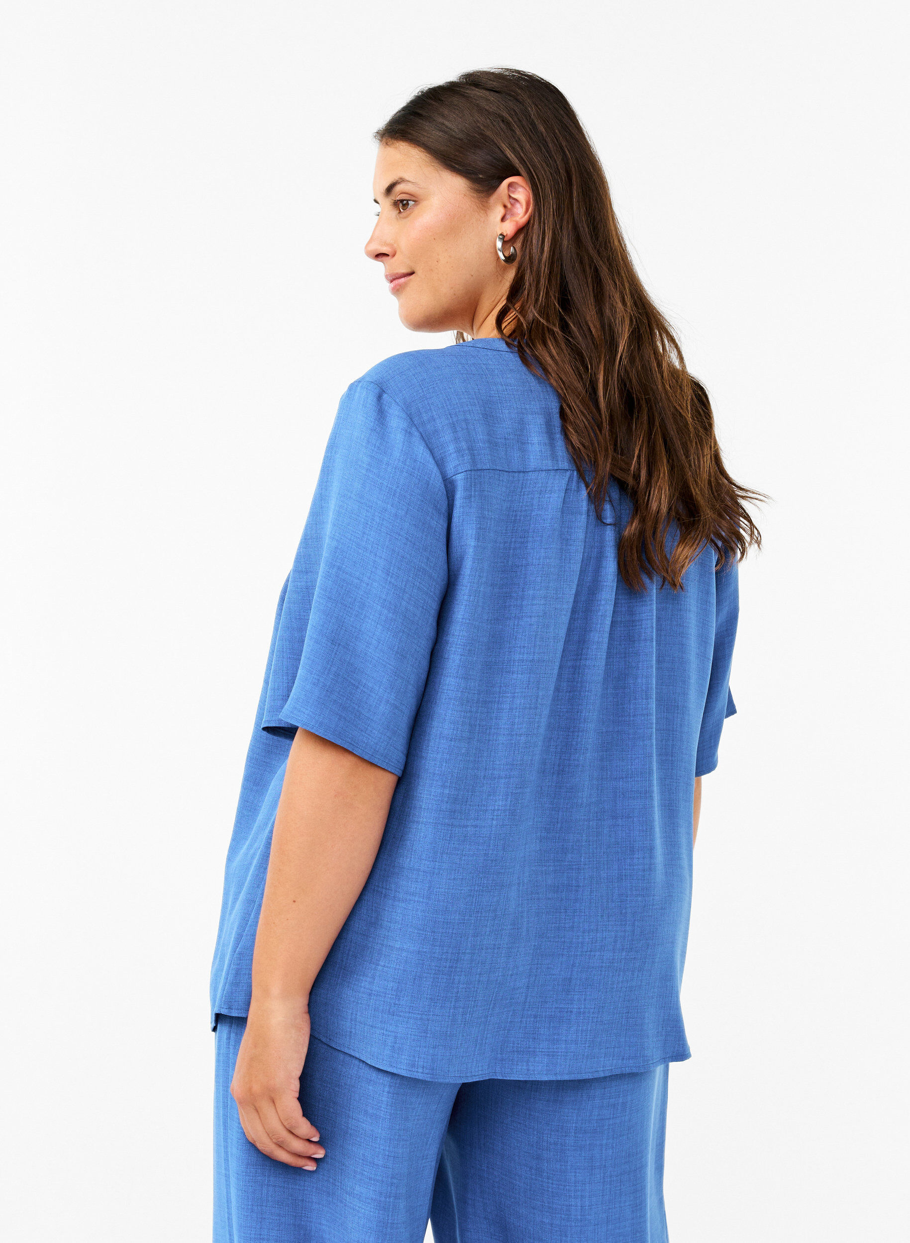 Zizzifashion V-neck shirt blouse with short sleeves, Blue, Model image number 2